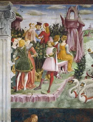 De triomf van Venus: april uit de Kamer van de Maanden, detail van de linkerzijde, ca. 1467-70
